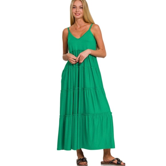 Zenana V Neck Cami Maxi Tiered Dress Stretch Side Pockets Kelly Green Womens NEW - Picture 1 of 8